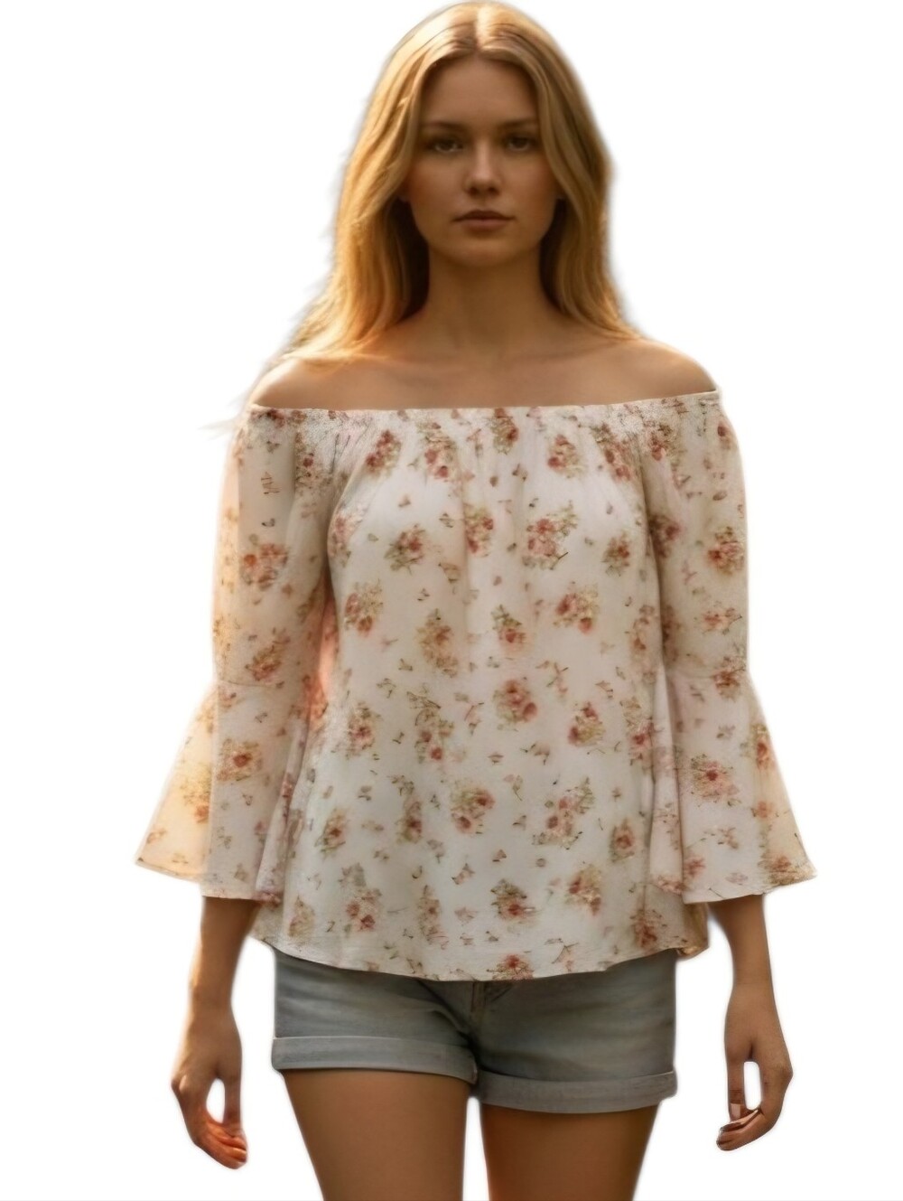 Roses Off-Shoulder Blouse Big Bell Sleeves XL